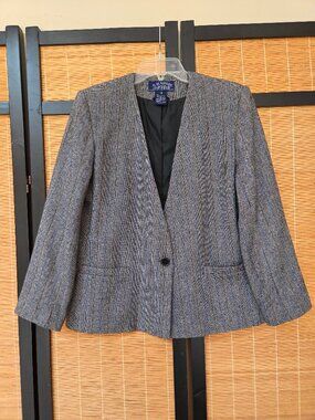 E. H. Woods Size 12 Women Wool Blend Grey Blue Pinstripe Blazer Jacket Preppy